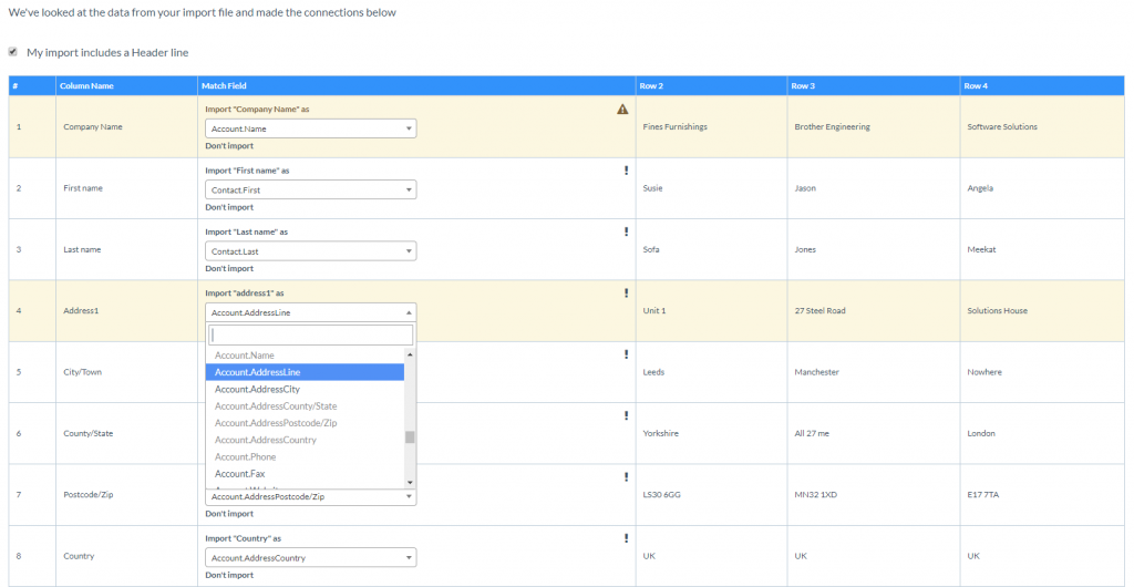 Match your data with CRM fields