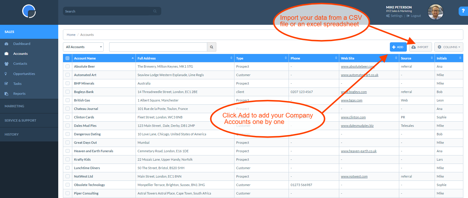 Add and Import data from the Accounts page