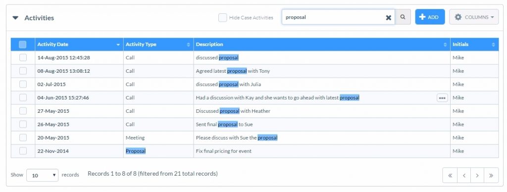 Search the CRM Activities Table